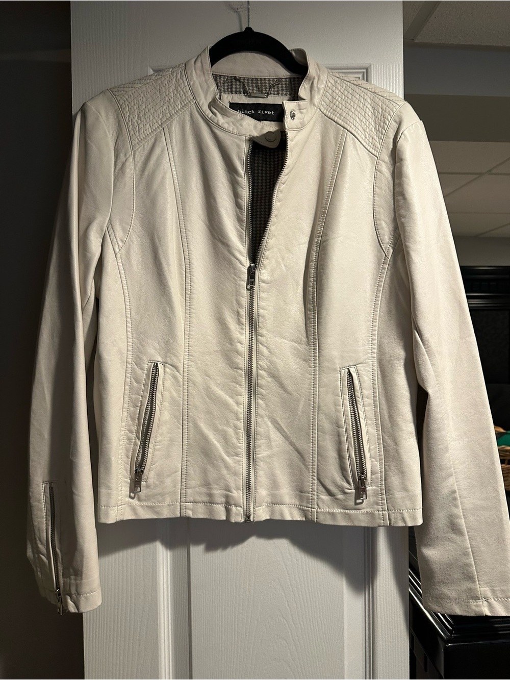 Black Rivet Cream Leather Moto Jacket with Quilted Shoulders